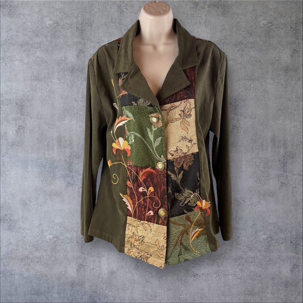 Indigo Moon Jacket Women’s 12 Tapestry Patchwork Button Up Boho India Olive (261